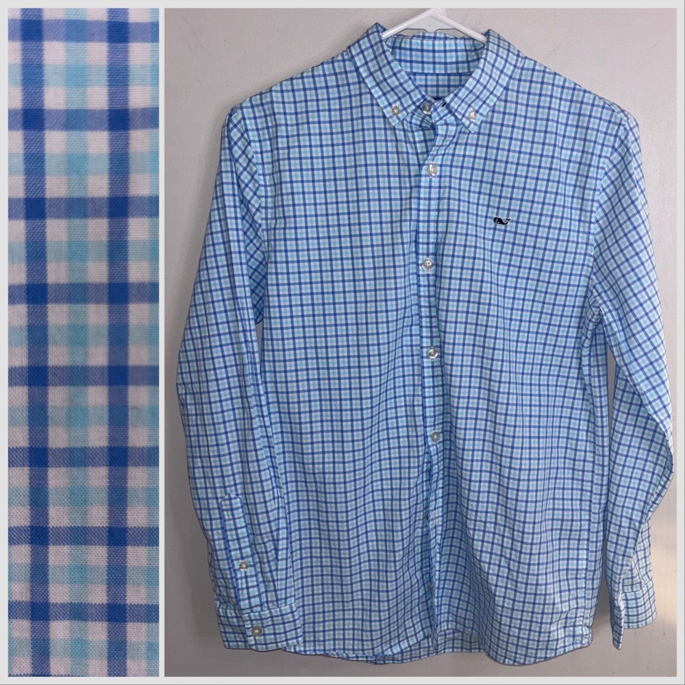 Vineyard Vines boys blue aqua white check buttondown long sleeve shirt Large 16